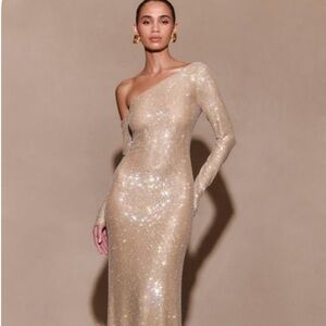 Meshki One-Shoulder Sequin Gown in Champagne Gold